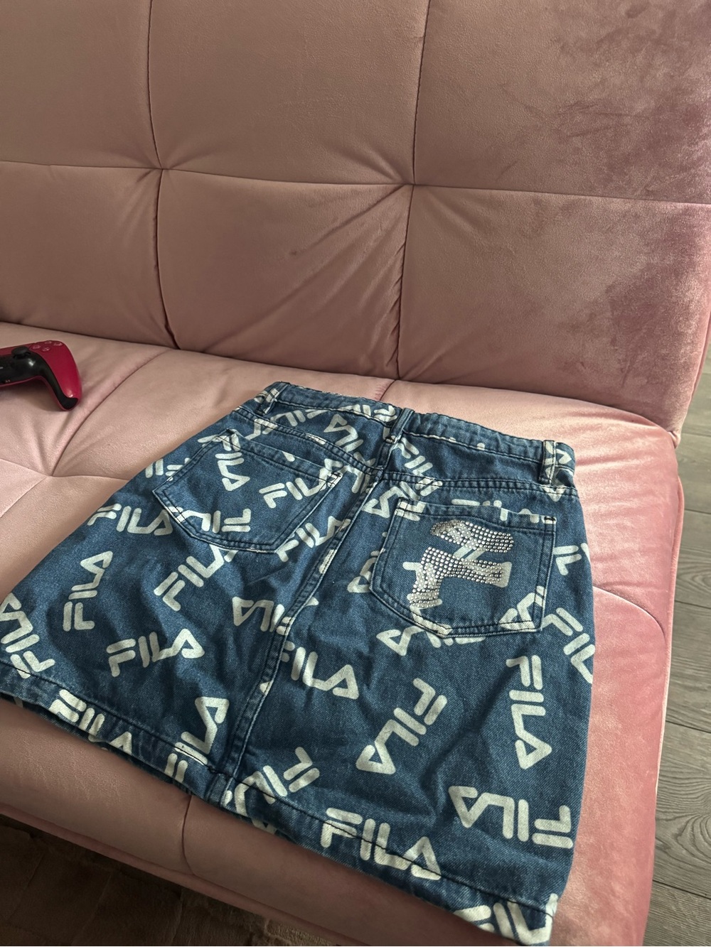 Fila Navy Blue Denim Mini Skirt with White Logo Print And Gemstone F on back